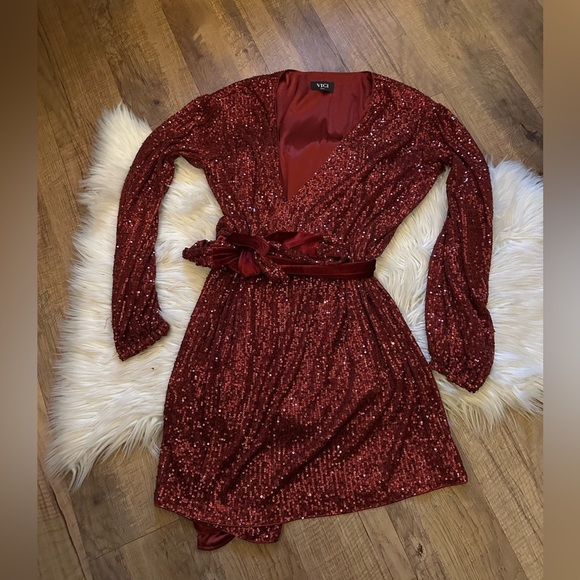 VICI Maroon Sequin Faux Wrap Mini Dress - Picture 3 of 6